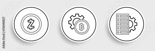 Set line Server and gear, Cryptocurrency coin Zcash ZEC and Bitcoin icon. Vector