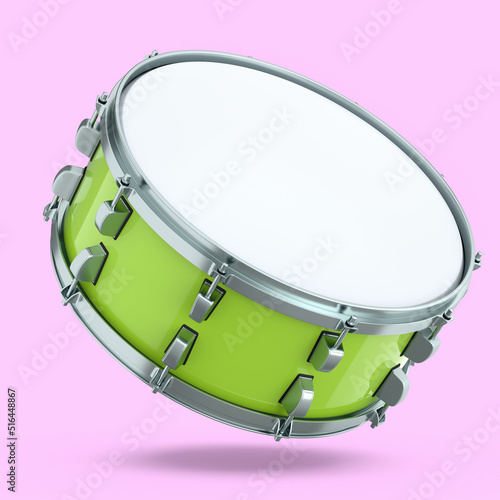 Realistic drum on pink background. 3d render concept of musical instrument