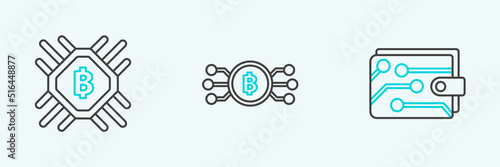 Set line Cryptocurrency wallet, CPU mining farm and bitcoin circle with microchip circuit icon. Vector