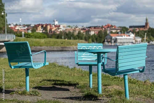 Blue benches in a park in Ostersund, Sweden photo