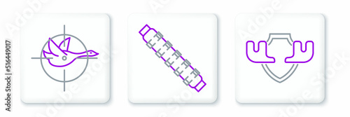 Set line Moose horns on shield, Hunt duck with crosshairs and Hunting cartridge belt cartridges icon. Vector