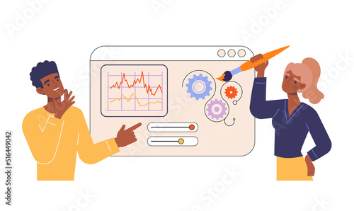 Creation UI design concept. Young male and female programmers make user interface for website or layout for application. Creative characters present the project. Cartoon flat vector illustration