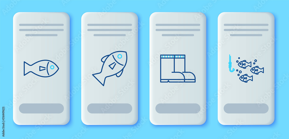 Set line Fish, Fishing boots, and hook under water with fish icon. Vector