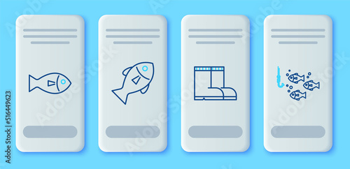 Set line Fish, Fishing boots, and hook under water with fish icon. Vector