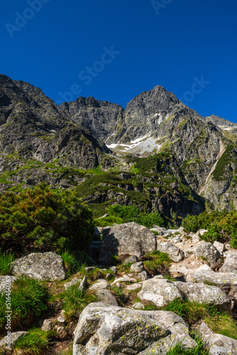 Mountains Peaks in Tatra National Park at summer in Poland. Alpine Landscape and blue sky