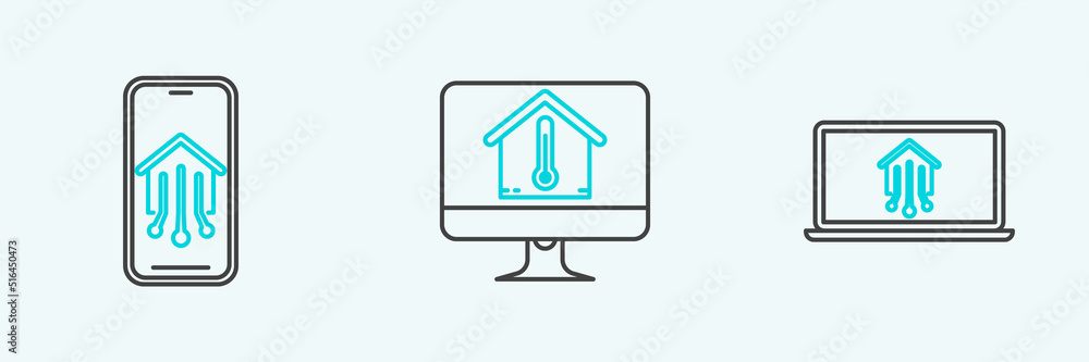 Set line Laptop with smart home, Mobile phone and Computer monitor house temperature icon. Vector Set line Laptop with smart home, Mobile phone and Computer monitor house temperature icon. Vector