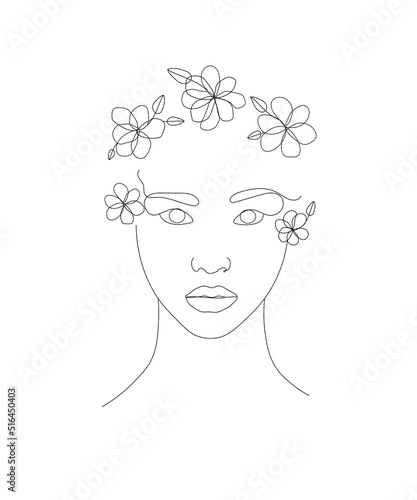 Girl with flowers, portrait, one line drawing vector illustration