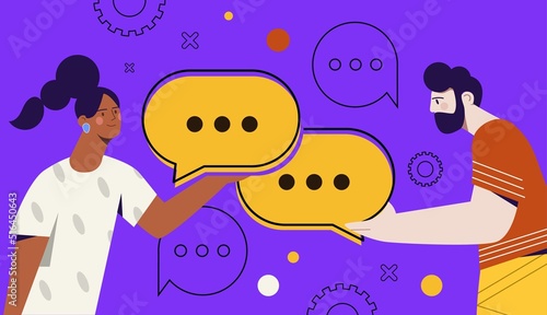 People communicate. Man and woman hold speech bubbles in hands and conversation with each other. Couple talking or discussing something. Dialogue between friends. Cartoon flat vector illustration