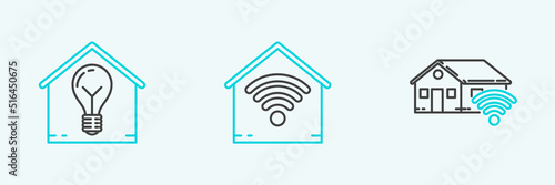 Set line Smart home with wi-fi, house and light bulb and icon. Vector