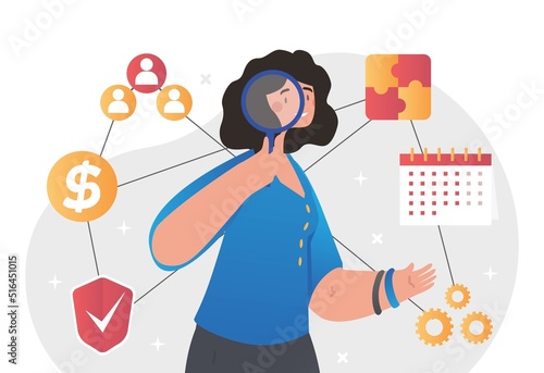 Competitive intelligence. Woman entrepreneur holding magnifying glass and studying business strategy. Character analyzes information and finds new ideas for company. Cartoon flat vector illustration