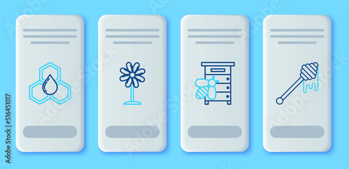 Set line Flower, Hive for bees, Honeycomb and dipper stick with dripping honey icon. Vector