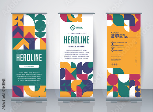 Retro Business Roll Up. Standee Design. Banner Template. Presentation and Brochure. Geometric x-banner and flag-banner advertising. Vector illustration.