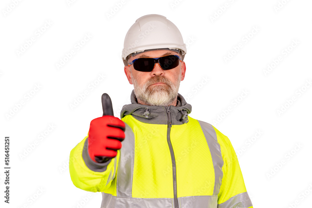 builder in hard hat, hi-visibility fleece and red safety gloves on white background with space for text gives OK gesture to the viewer. Always wear correct PPE builder in hard hat, hi-visibility fleece and red safety gloves on white background with space for text gives OK gesture to the viewer. Always wear correct PPE