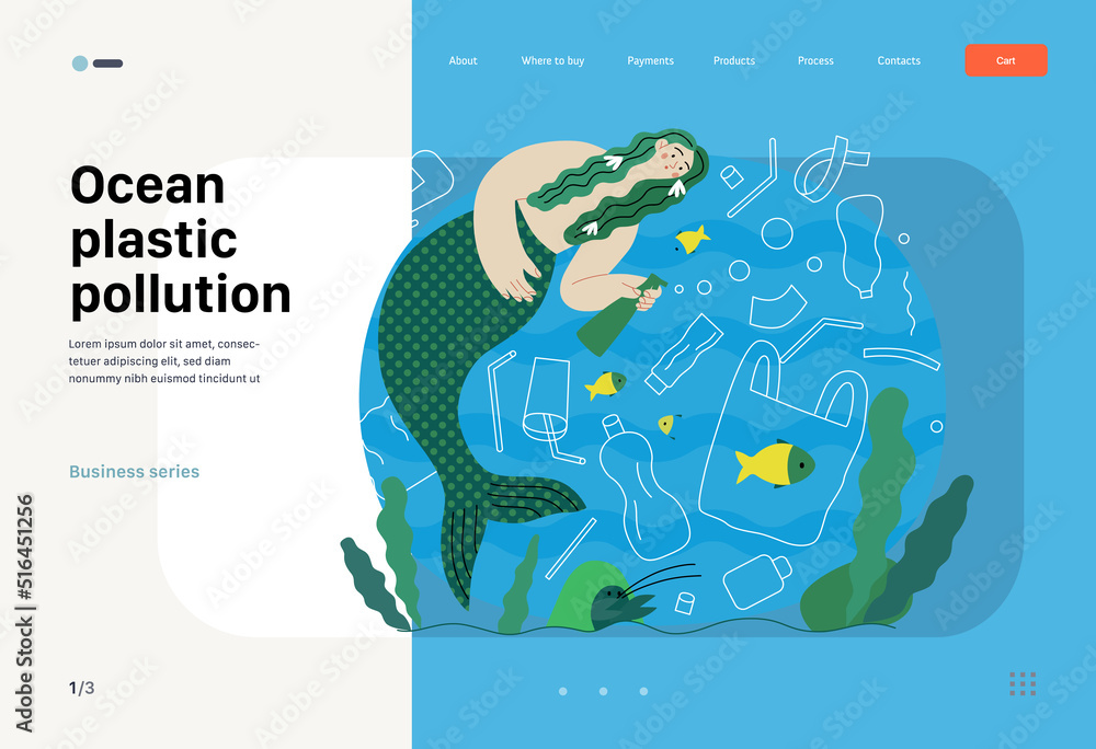 Ecology - Ocean plastic pollution -Modern flat vector concept illustration of mermaid with fish, sea plants and plastic waste floating underwater. Creative landing web page template Ecology - Ocean plastic pollution -Modern flat vector concept illustration of mermaid with fish, sea plants and plastic waste floating underwater. Creative landing web page template