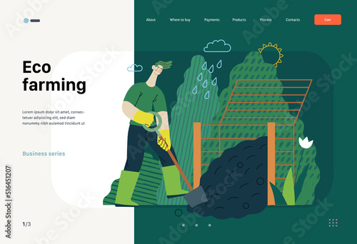 Ecology - Composting, eco farming -Modern flat vector concept illustration of ecology, organic farming metaphor. A man wearing rubber boots, digging composter Creative landing web page template