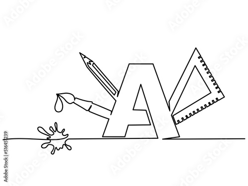 School supplies with letter A logo. Continuous one line drawing.