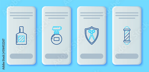 Set line Cream or lotion cosmetic tube, Scissors hairdresser and shield, Aftershave and Classic Barber shop pole icon. Vector