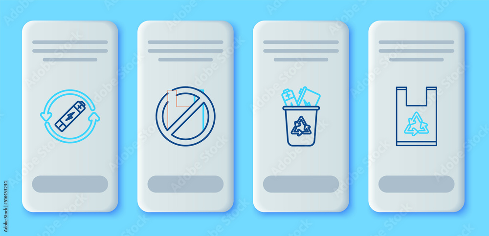 Set line Say no to plastic bags poster, Recycle bin with recycle symbol, Battery line and Plastic icon. Vector Set line Say no to plastic bags poster, Recycle bin with recycle symbol, Battery line and Plastic icon. Vector