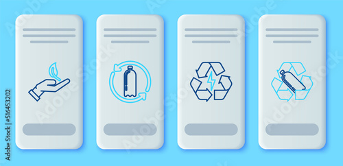 Set line Recycling plastic bottle, Battery with recycle symbol, Sprout hand of environmental protection and icon. Vector