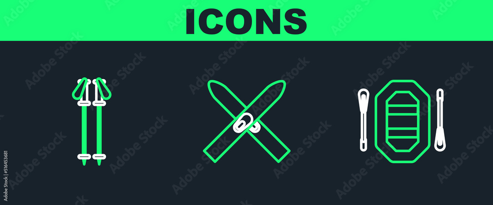Set line Rafting boat, Ski poles and and sticks icon. Vector Set line Rafting boat, Ski poles and and sticks icon. Vector