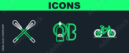 Set line Bicycle, Crossed paddle and Diving mask and aqualung icon. Vector