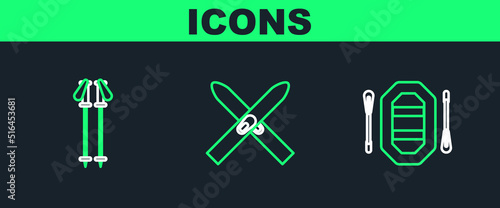 Set line Rafting boat, Ski poles and and sticks icon. Vector