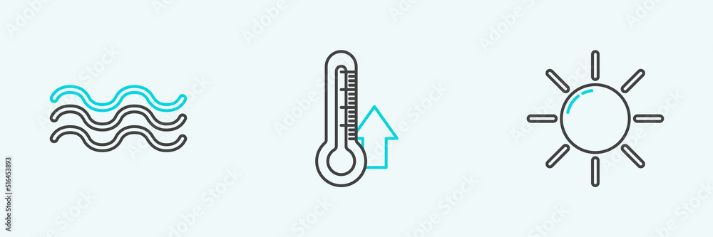 Set line Sun, Waves and Thermometer icon. Vector Set line Sun, Waves and Thermometer icon. Vector