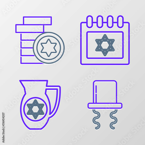 Set line Orthodox jewish hat with sidelocks, Decanter star of david, Jewish calendar and coin icon. Vector