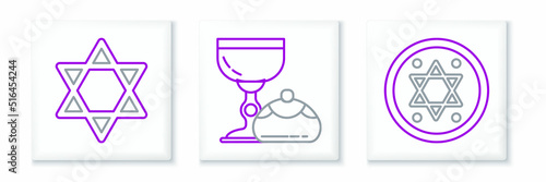 Set line Jewish coin, Star of David and goblet and hanukkah sufganiyot icon. Vector