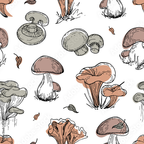 Pattern of edible mushrooms. Vintage botanical illustration. Graphic objects in trendy natural earth tones. In sketch style. For cafe, healthy food design. wallpaper, printing on fabric, wrapping,