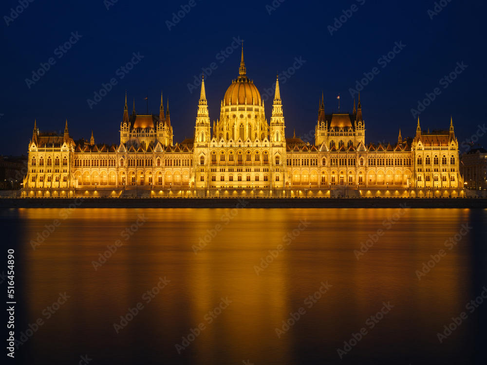 The famous Parliament building in Budapest, Hungary. Hungurian iconic view of parliament shot in the evening.
