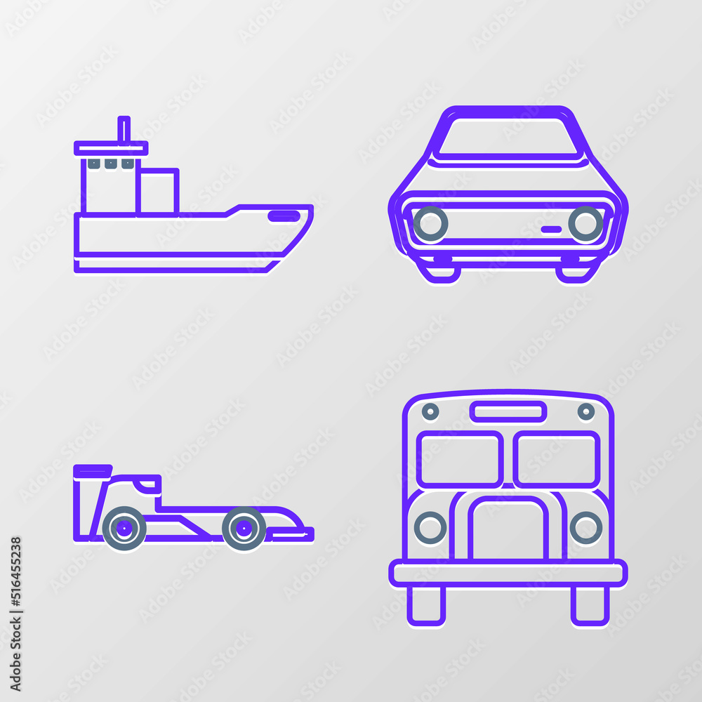 Obraz premium Set line School Bus, Formula race car, Car and Cargo ship icon. Vector