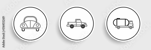 Set line Tanker truck, Car and Pickup icon. Vector