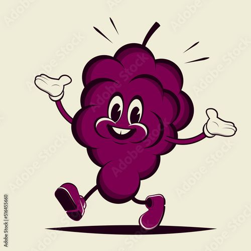 funny retro illustration of walking cartoon grapes