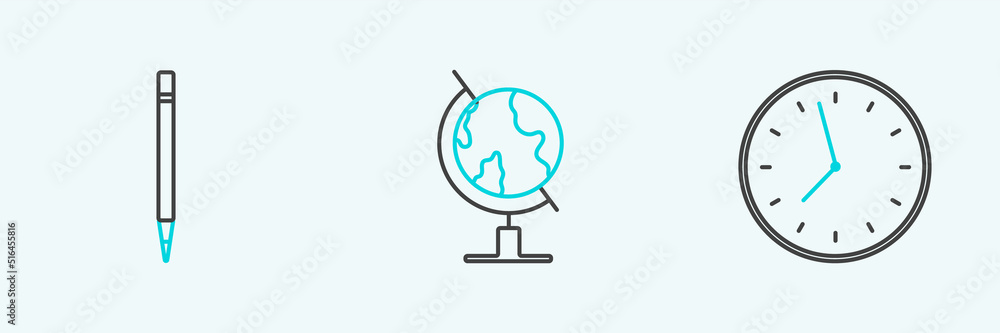 Set line Clock, Pencil with eraser and Earth globe icon. Vector Set line Clock, Pencil with eraser and Earth globe icon. Vector