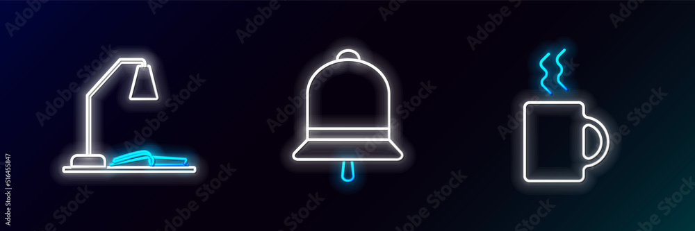 Set line Coffee cup, Workplace with table lamp and open book and Ringing bell icon. Glowing neon. Vector Set line Coffee cup, Workplace with table lamp and open book and Ringing bell icon. Glowing neon. Vector
