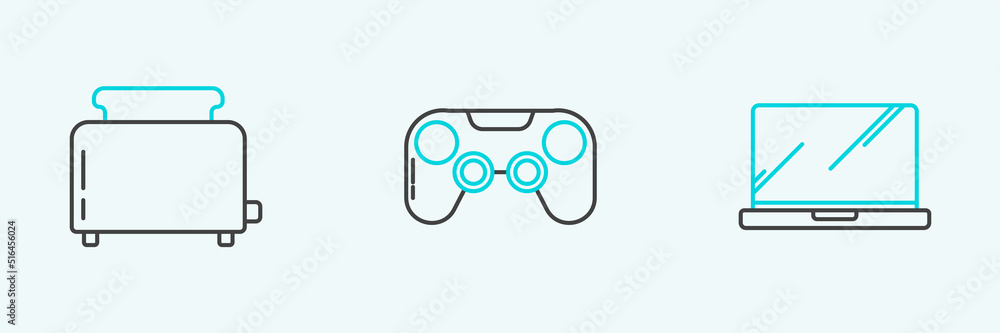Set line Laptop, Toaster with toasts and Gamepad icon. Vector Set line Laptop, Toaster with toasts and Gamepad icon. Vector