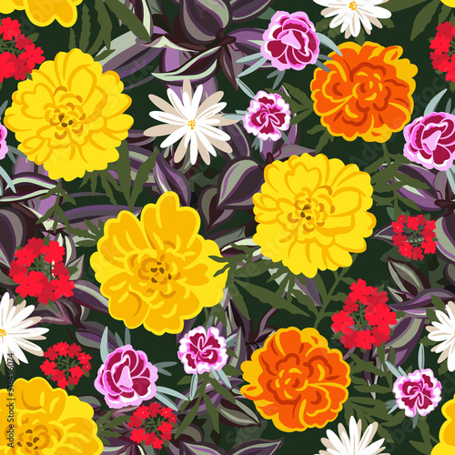 summer colorful flowers blossom Seamless pattern