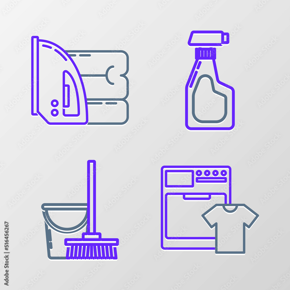 Fototapeta premium Set line Washer and t-shirt, Mop bucket, Cleaning spray bottle with detergent liquid and Electric iron towel icon. Vector
