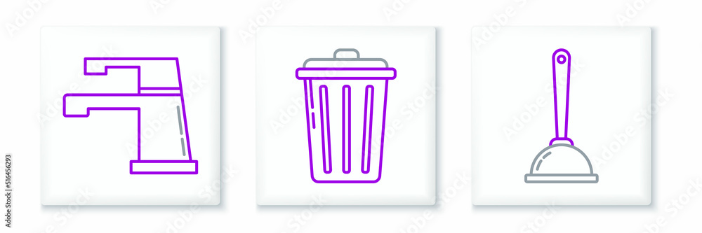 Set line Toilet plunger, Water tap and Trash can icon. Vector Set line Toilet plunger, Water tap and Trash can icon. Vector