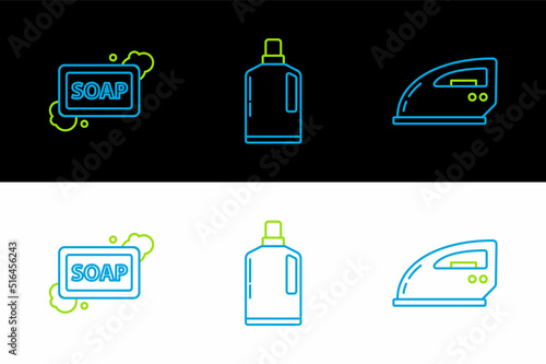 Set line Electric iron, Bar of soap with foam and Plastic bottles for liquid dishwashing liquid icon. Vector