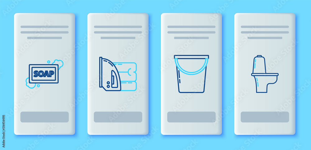 Set line Electric iron and towel, Bucket, Bar of soap with foam and Toilet bowl icon. Vector