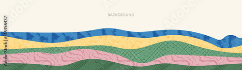 Abstract farm field background in oriental style with texture. Natural elements banner. Geometric pattern with Japanese style vector. Art landscape template. Mountainous forest layout design