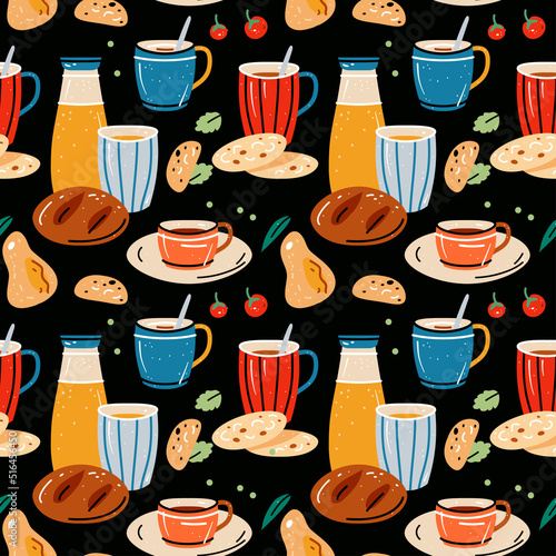 Colored seamless pattern of food and drink. Vector illustration for design of menu. Kitchen vector illustration with cups for tea and coffee, juices. Background with bright colorful crockery
