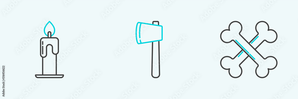 Set line Crossed bones, Burning candle and Wooden axe icon. Vector