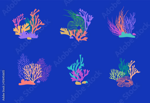 Set of compositions from corals, reefs and algae. Can be used to create logos, icons, patterns. Ocean life. Sea bottom. Seabed vector illustration. 