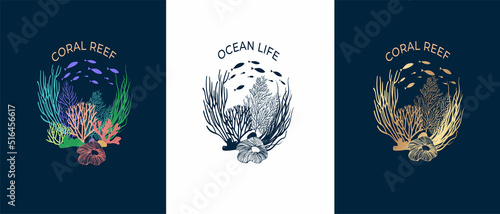 Fototapeta Naklejka Na Ścianę i Meble -  Composition of corals, reefs and algae. Multi-colored and golden reefs and corals on a dark blue background. Can be used to create a logo, icon, sing, pattern. Ocean life. Seabed vector illustration