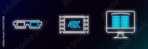 Set line Buy cinema ticket online, 3D glasses and 4k movie, tape, frame icon. Glowing neon. Vector