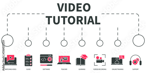 Video tutorial Vector Illustration concept. Banner with icons and keywords . Video tutorial symbol vector elements for infographic web