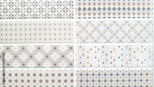 Neutral-Toned Tiles Displaying Various Geometric and Abstract Patterns, Including Circles, Diamonds, Stars, and Hexagons, for Modern Interior Design